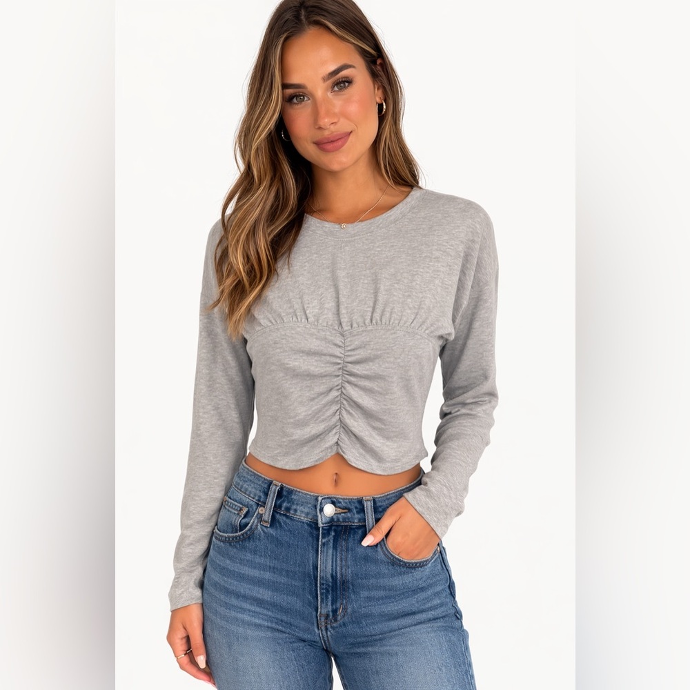398 Open Edit Gray Ruched Long Sleeve Crop Top XS Fitted Cotton Blend